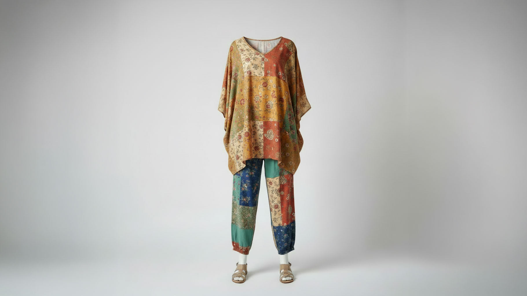 Women's boho patchwork jogger pants and printed top ghost mannequin front view — wide-leg, elastic waist, relaxed fit - BellanBlue