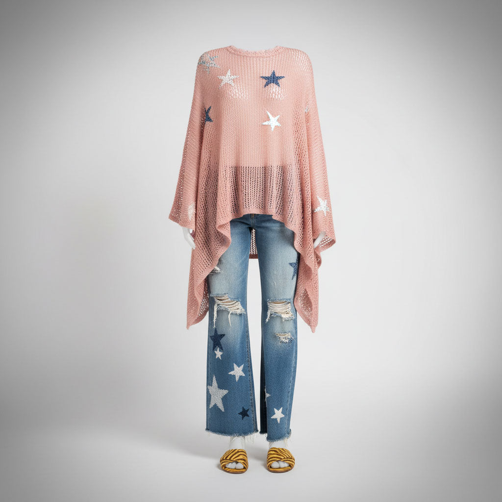 Women's boho star-patch wide-leg denim and blush pink knit top ghost mannequin July 4th sale - BellanBlue