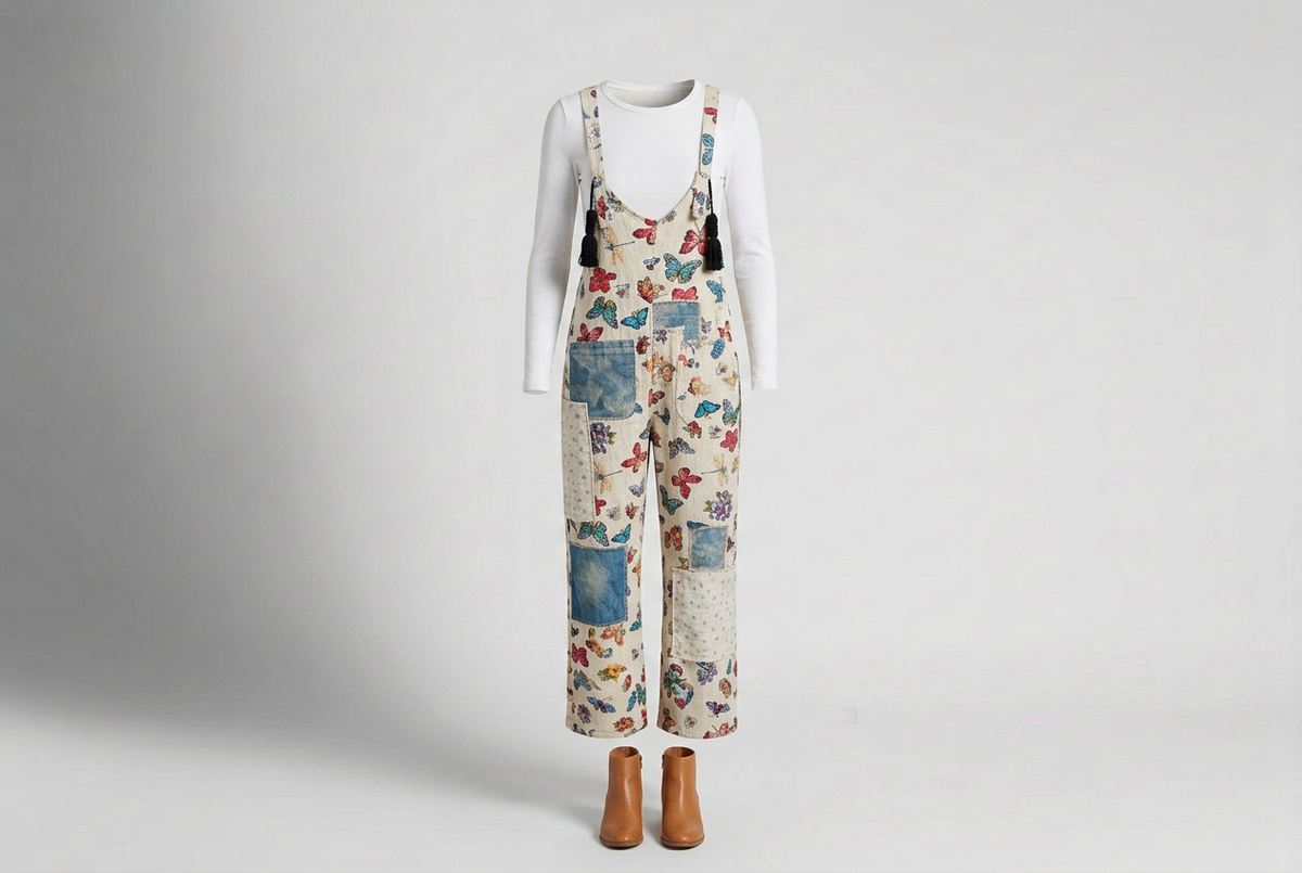 Cream butterfly patchwork overalls over a white long-sleeve tee with tan ankle boots against a shaded gray studio backdrop.