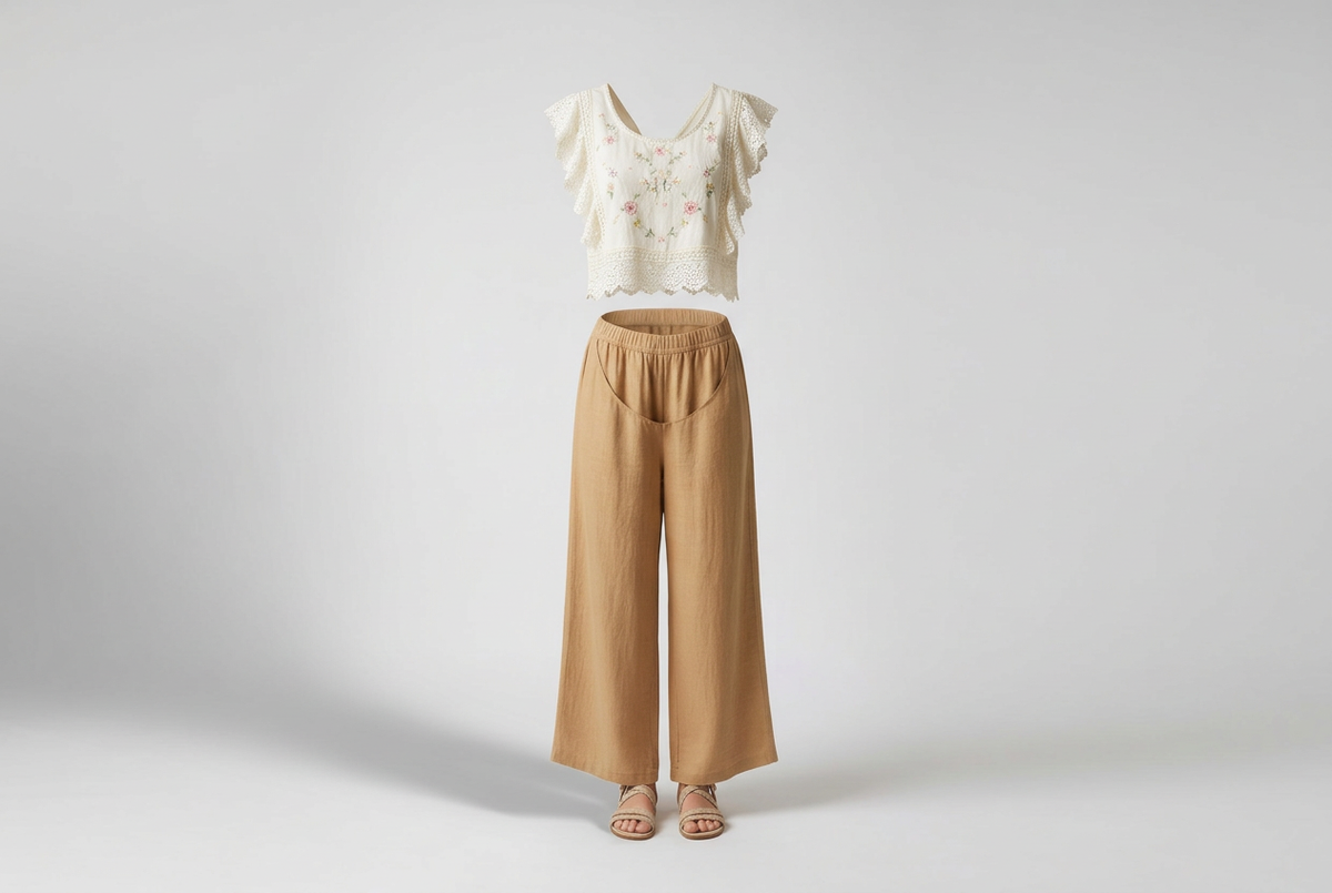 Ivory flutter-sleeve crochet crop top with camel wide-leg pants and strappy sandals against a shaded gray studio backdrop.