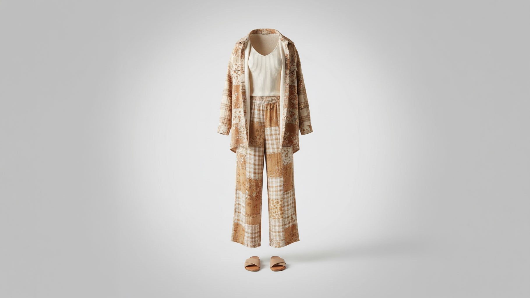 Women's POL Clothing Jackets — natural oatmeal plaid floral patchwork shacket with wide-leg pants ghost mannequin — BellanBlue