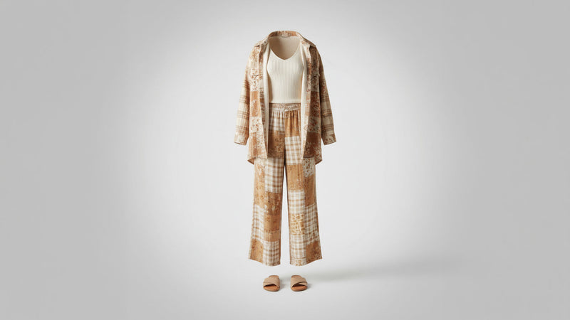 Women's POL Clothing Jackets — natural oatmeal plaid floral patchwork shacket with wide-leg pants ghost mannequin — BellanBlue