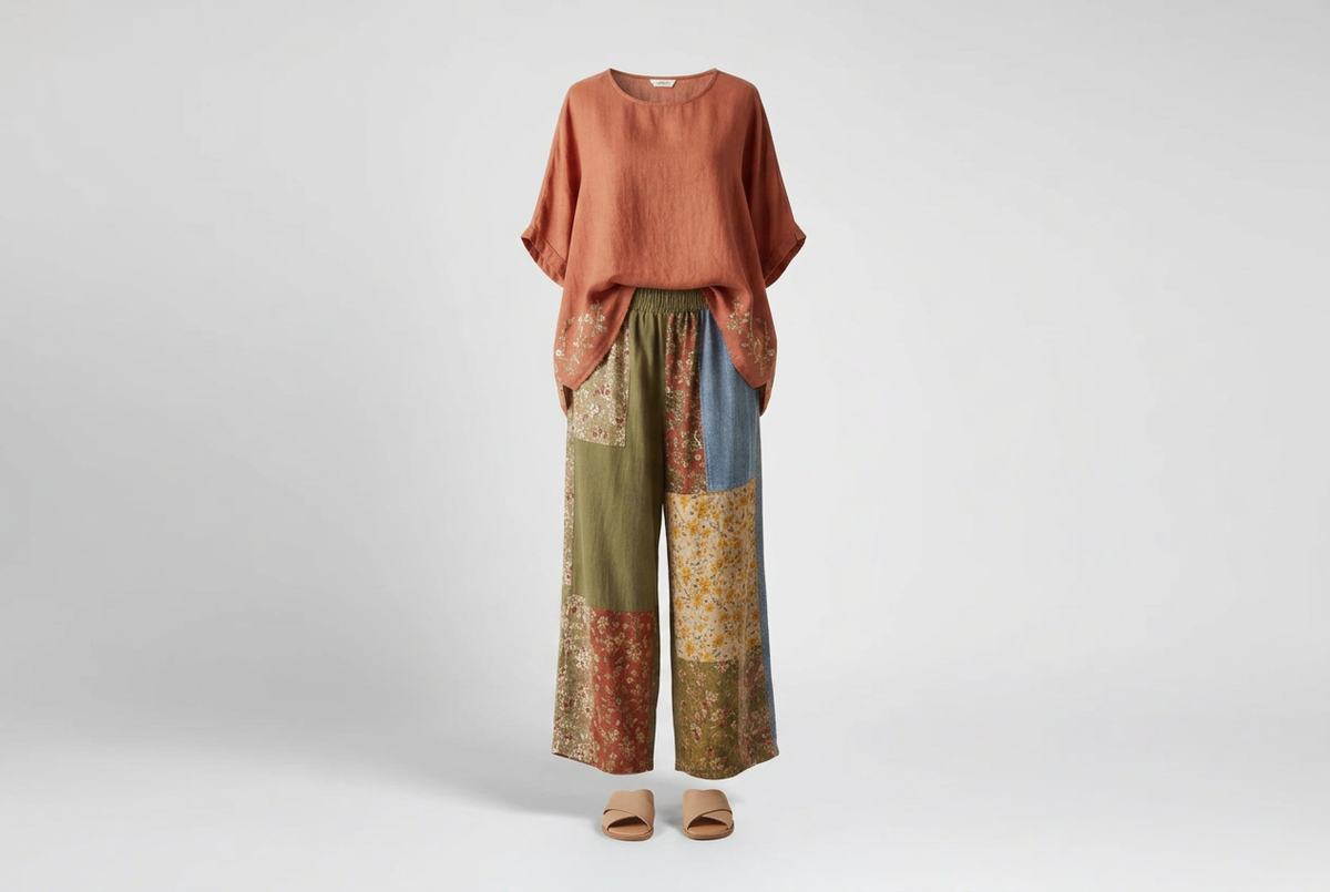 Rust short-sleeve top with multicolored floral patchwork wide-leg pants and tan slides against a shaded gray studio backdrop.