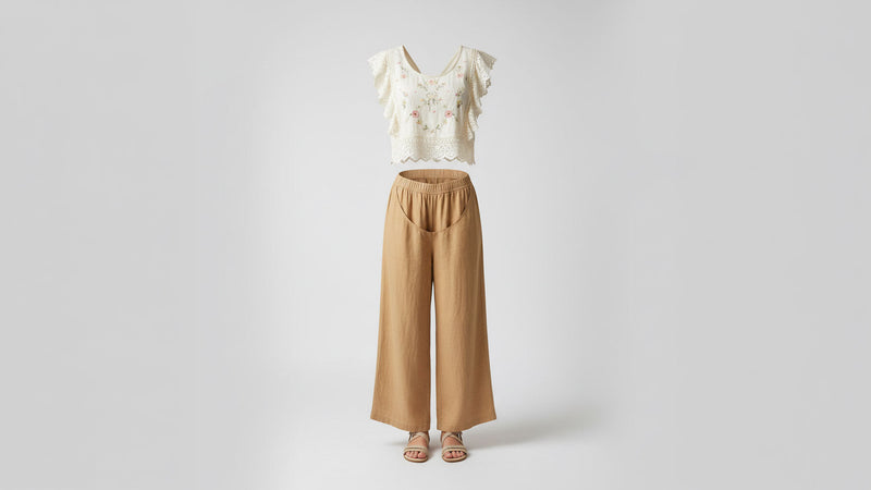 Women's POL Clothing Tops collection cream crochet lace cropped top and natural wide-leg pants ghost mannequin boho boutique - BellanBlue