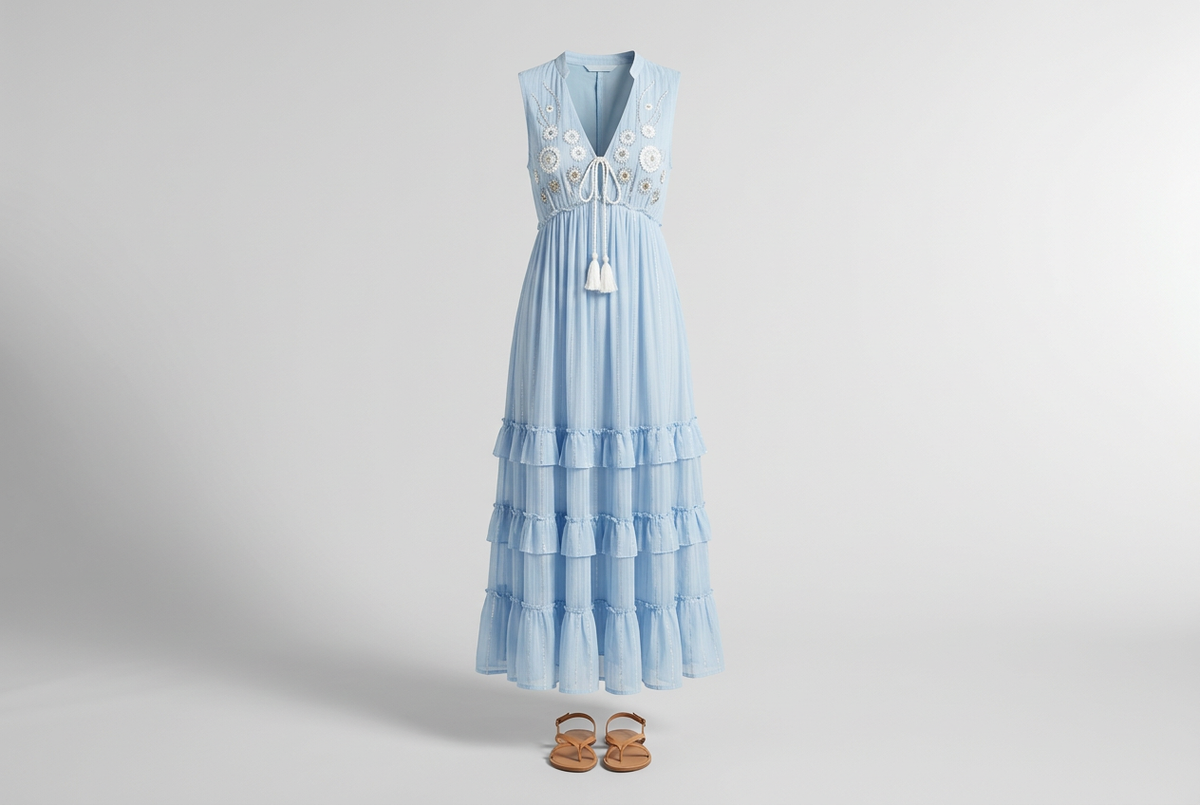Light blue embroidered sleeveless maxi dress with tassel ties and tiered ruffles, paired with tan sandals in a gray studio.