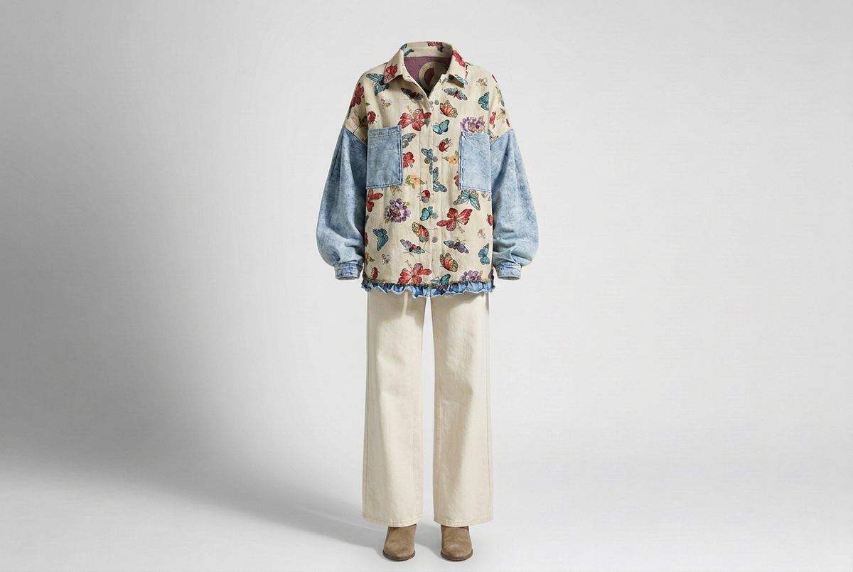 Butterfly-print jacket with pale denim sleeves and pockets, ivory wide-leg pants and tan boots in a gray studio.