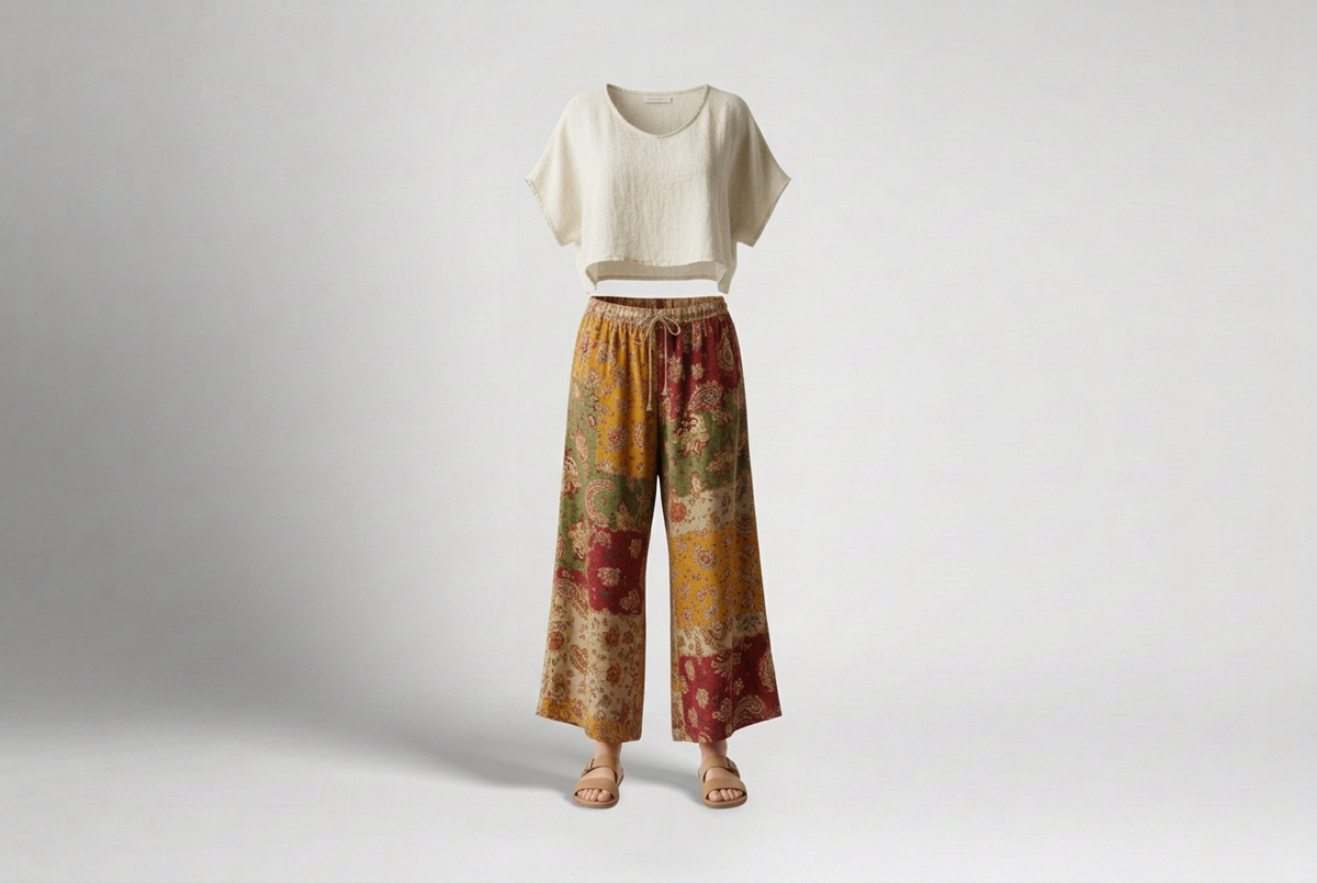 Ivory cropped top with mustard, rust and olive floral patchwork wide-leg pants and tan sandals in a shaded gray studio.