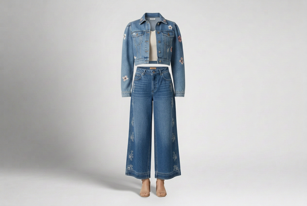 Floral-embroidered denim jacket and wide-leg jeans with a cream crop top and tan heels against a shaded gray backdrop.
