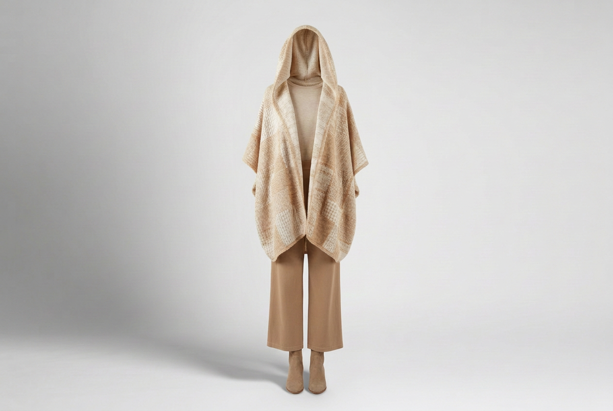 Cream hooded cardigan with a beige top, tan wide-leg trousers and taupe boots against a softly shaded gray studio backdrop.