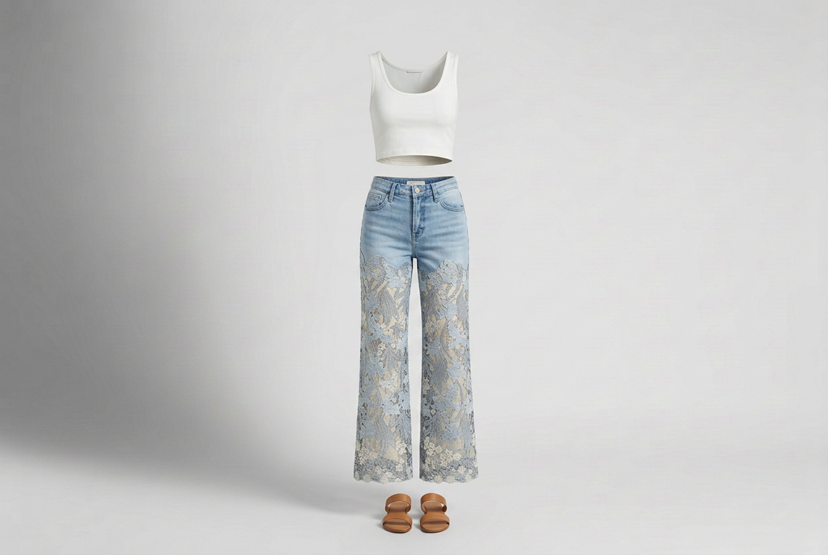 White cropped tank with light-wash floral lace wide-leg jeans and tan sandals against a softly shaded gray studio backdrop.