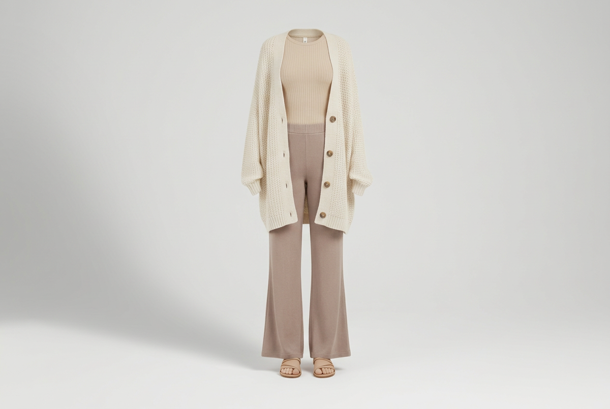 Cream cardigan over a beige ribbed top with taupe wide-leg pants and tan sandals against a softly shaded gray backdrop.