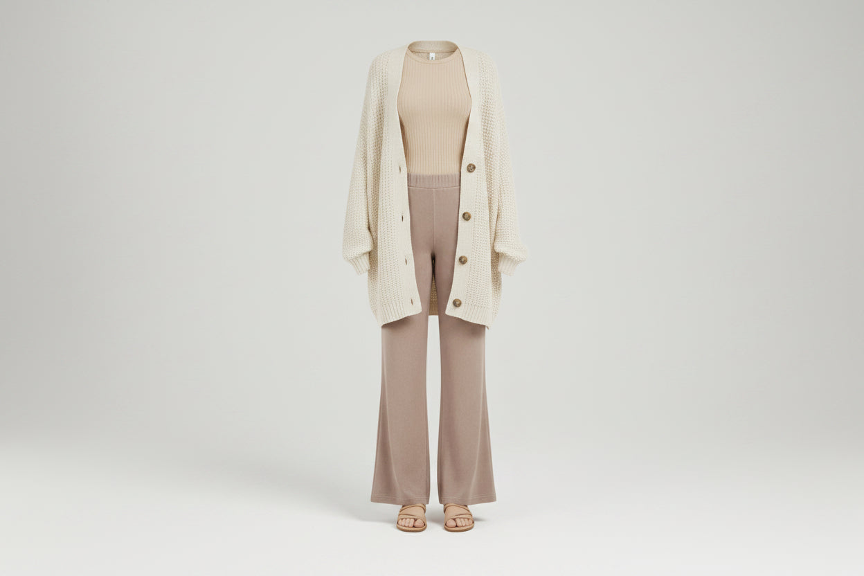 Zenana women's ribbed knit tops, wide-leg lounge pants, and snap cardigan in neutral oatmeal and taupe tones — BellanBlue