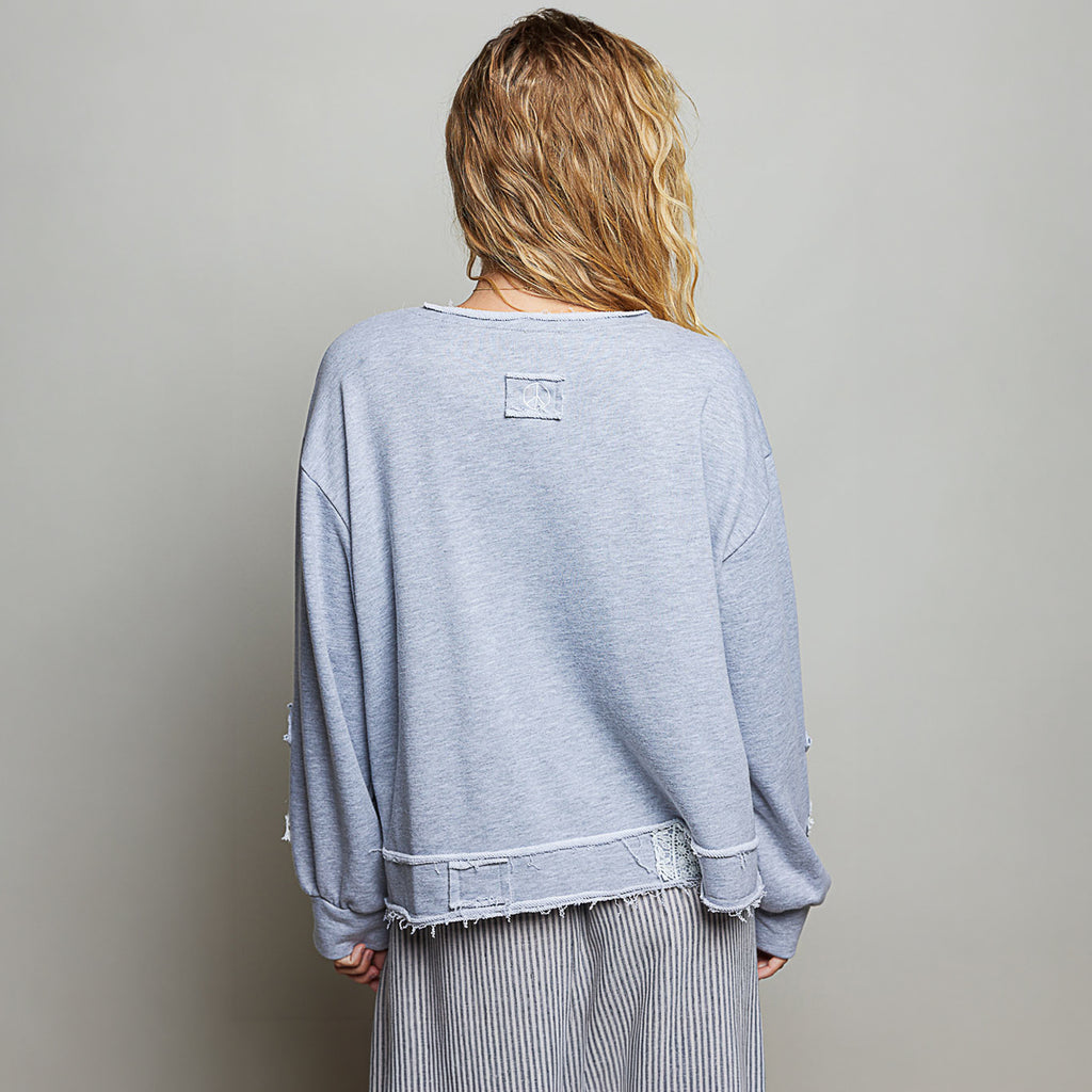 POL Clothing Crochet Patch Wrap-Front Balloon Sleeve Top
