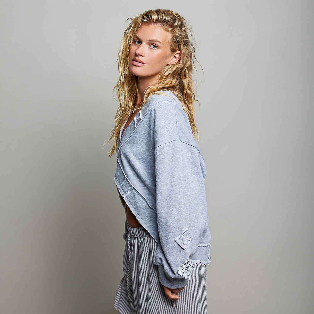 POL Clothing Crochet Patch Wrap-Front Balloon Sleeve Top