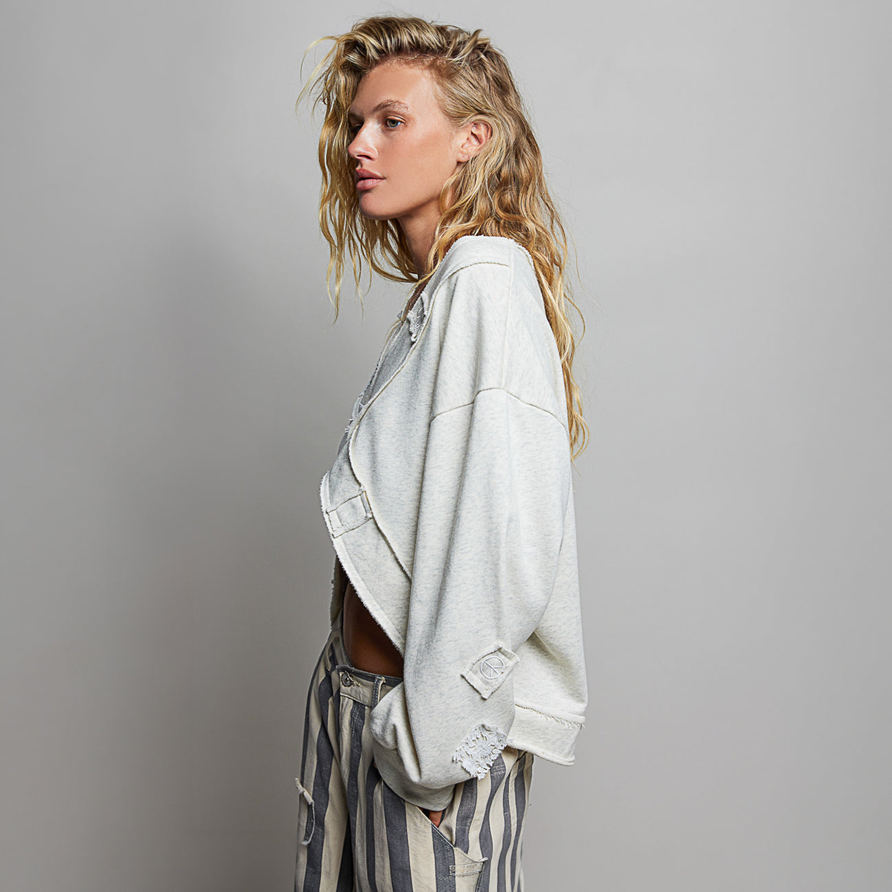 POL Clothing Crochet Patch Wrap-Front Balloon Sleeve Top