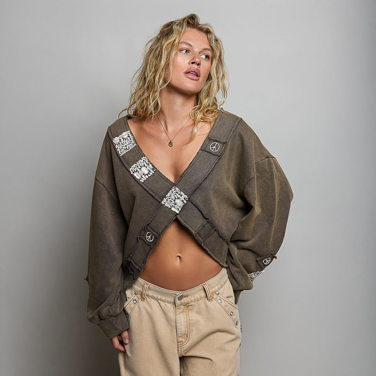 POL Clothing Crochet Patch Wrap-Front Balloon Sleeve Top