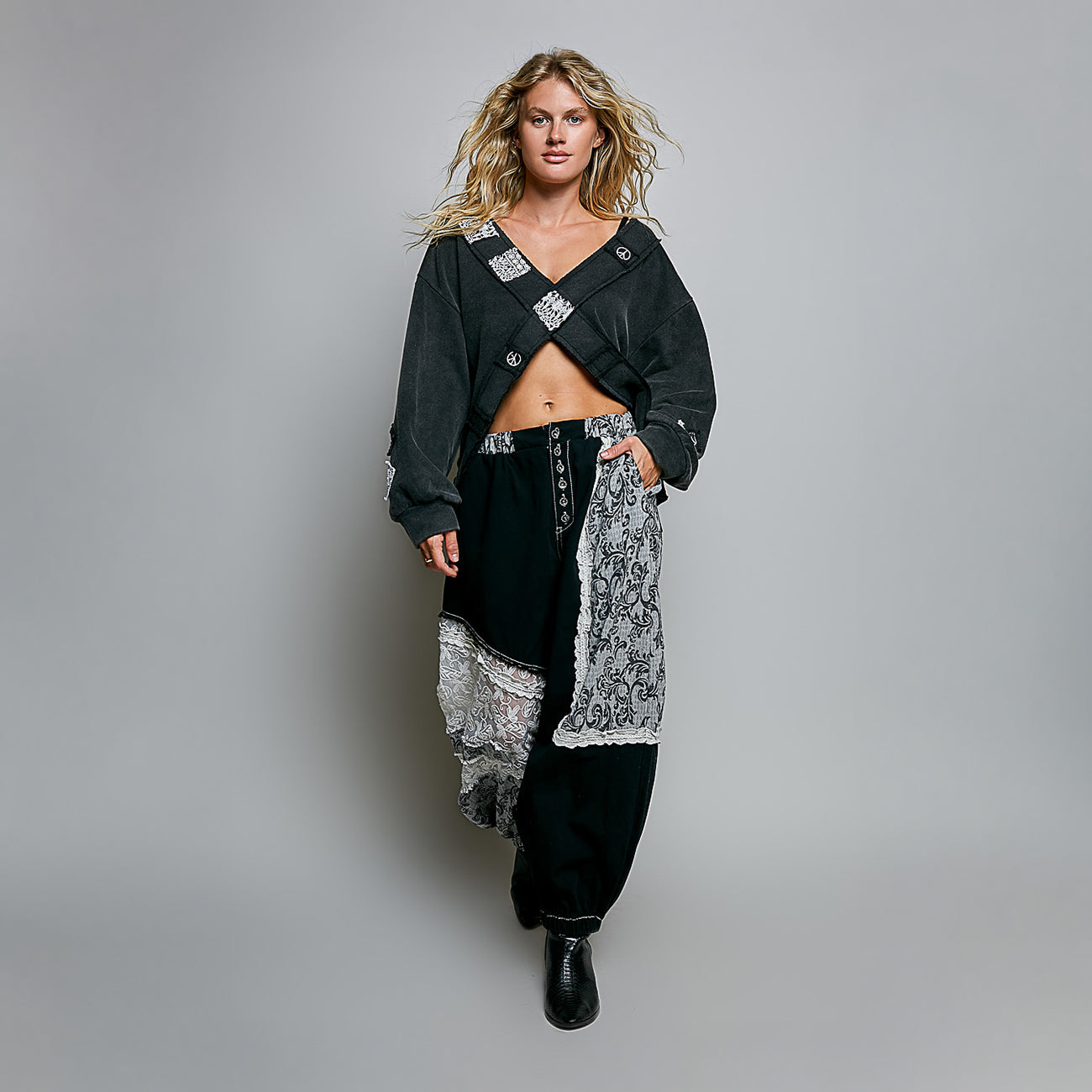 POL Clothing Crochet Patch Wrap-Front Balloon Sleeve Top