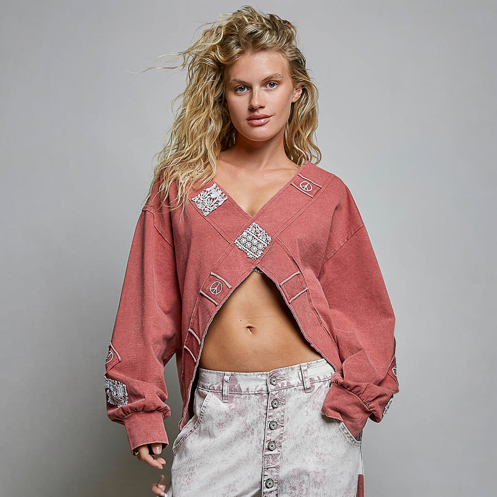 POL Clothing Crochet Patch Wrap-Front Balloon Sleeve Top