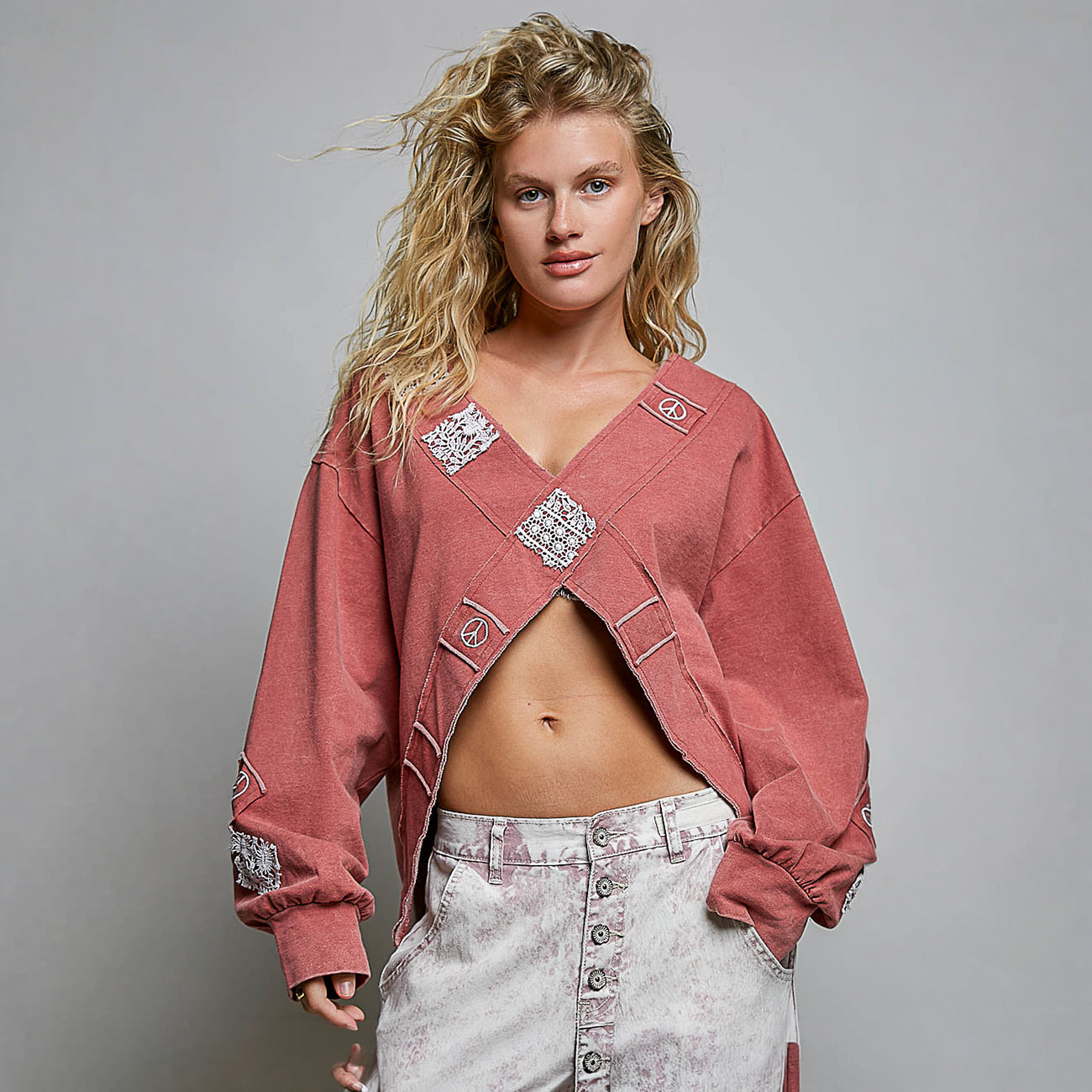 POL Clothing Crochet Patch Wrap-Front Balloon Sleeve Top