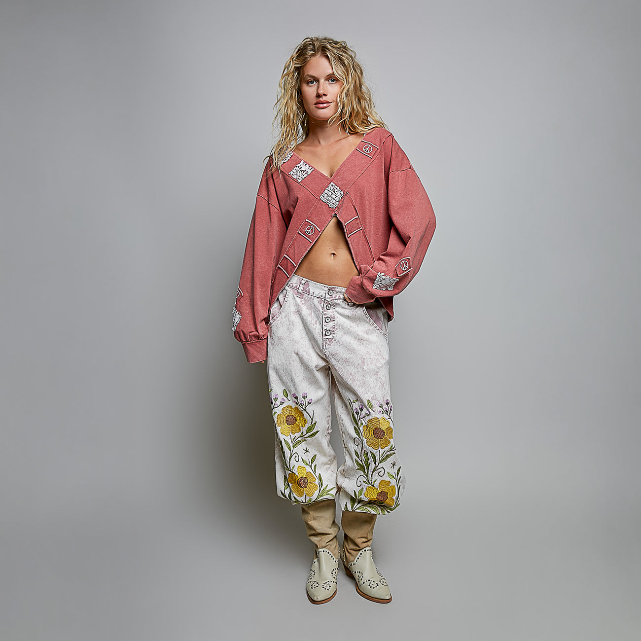 POL Clothing Crochet Patch Wrap-Front Balloon Sleeve Top