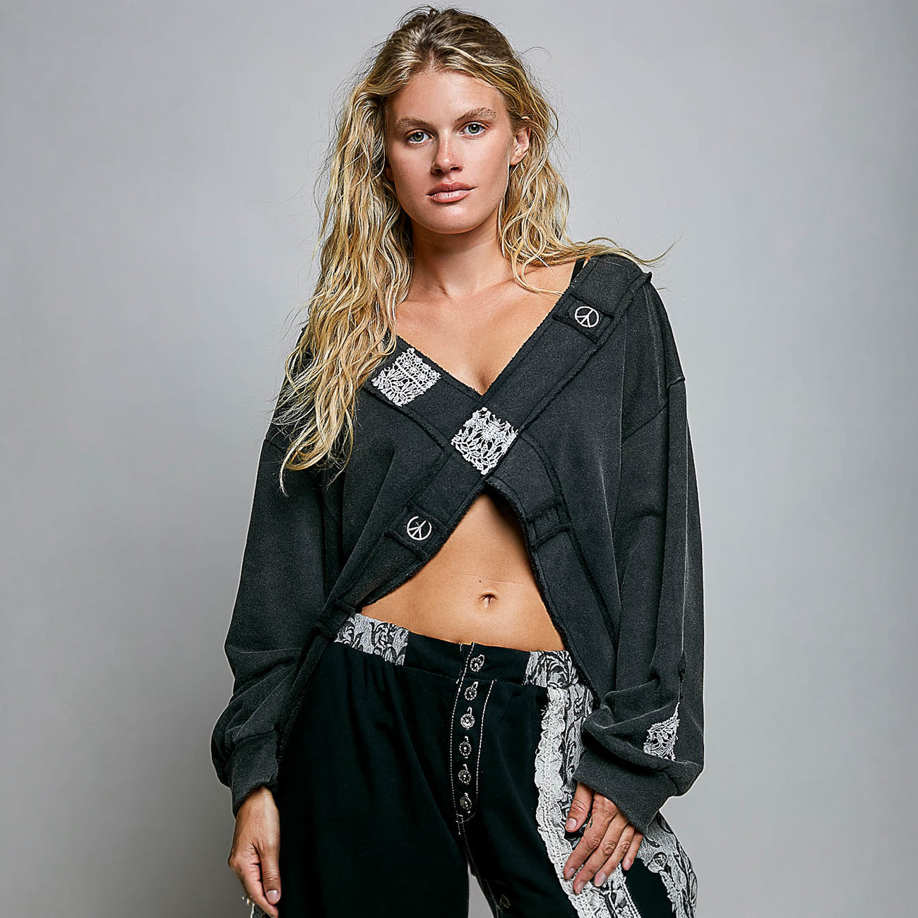 POL Clothing Crochet Patch Wrap-Front Balloon Sleeve Top