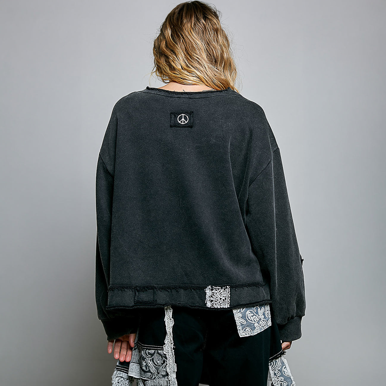POL Clothing Crochet Patch Wrap-Front Balloon Sleeve Top