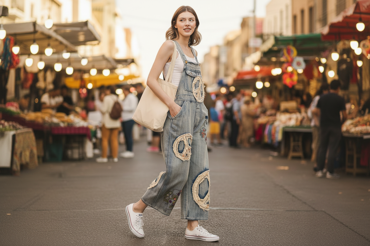 Bluevelvet women's wide-leg denim overalls, vintage blue wash, raffia peace sign patches, cropped length in motion