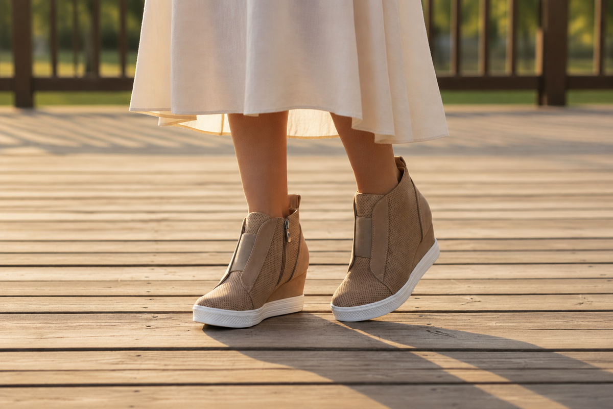 Woman wearing camel perforated wedge sneaker booties with cream midi skirt on warm wooden deck at golden hour