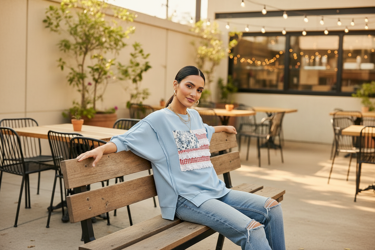 Women's light blue Americana French terry pullover top, seated café pose, open seam detail, styled with distressed jeans