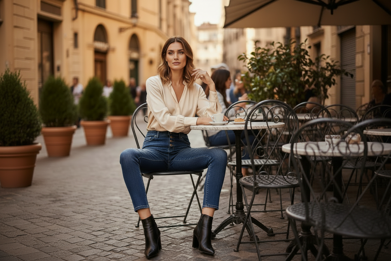 A woman sits at an outdoor cafe table wearing a cream blouse, blue jeans, and black ankle boots, with blurred cafe chairs and buildings in the background.