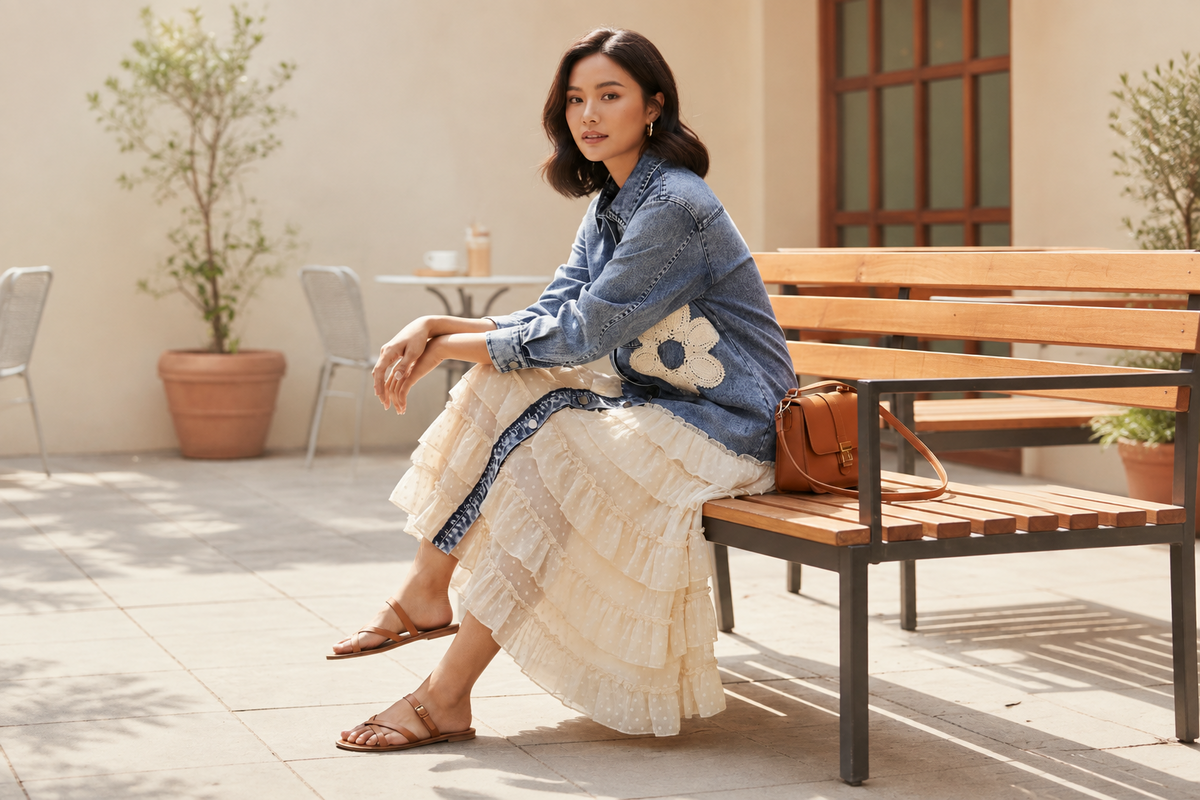 Women's Mello denim shirt dress with crochet flower detail and layered cream ruffle hem, seated styling