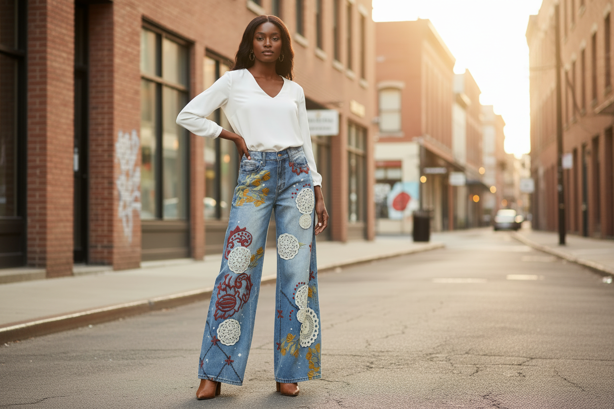 Women's embroidered wide leg denim pants, standing pose, mineral wash, relaxed boutique fit - BellanBlue