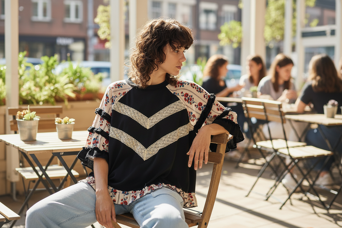 POL Clothing women's oversized black lace trim knit top, seated cafe brunch styling