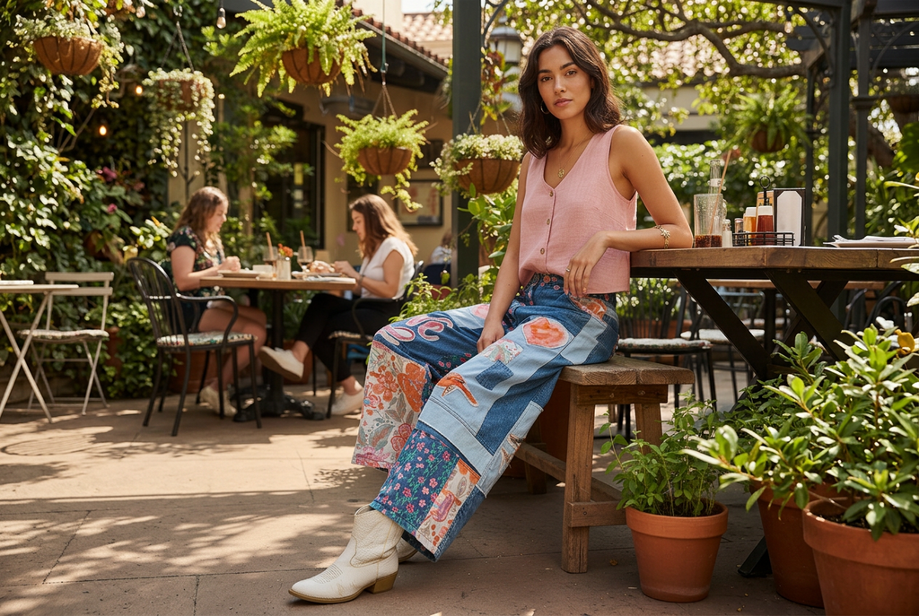 POL patchwork wide-leg denim pants in denim multi, seated outdoor brunch, white cowboy boots