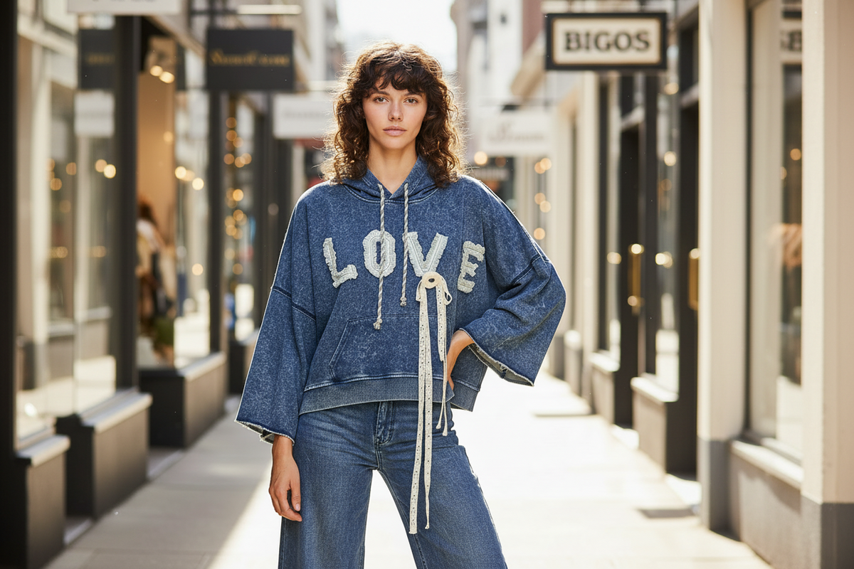 A model stands on a sunlit city sidewalk wearing a faded blue denim hoodie with 'LOVE' in white across the chest and matching blue jeans. The background shows blurred storefronts, including a visible 'BIGOS' sign.