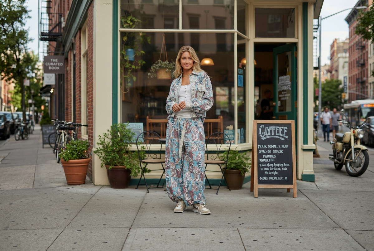 Women's blue multi printed paisley jogger pants and oversized jacket styled for a casual café weekend outfit