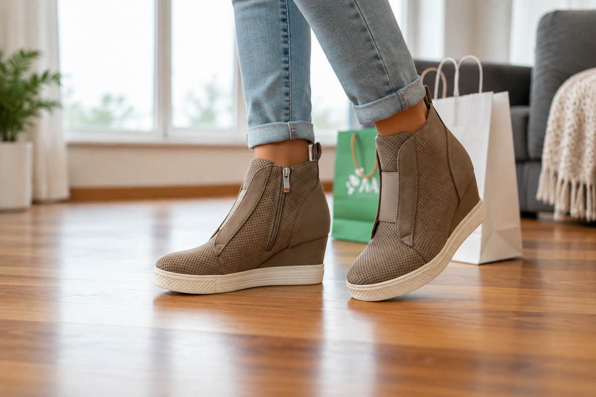 A person wearing taupe wedge ankle boots with side zippers and elastic side panels, standing on a wooden floor in a bright living room with shopping bags nearby.