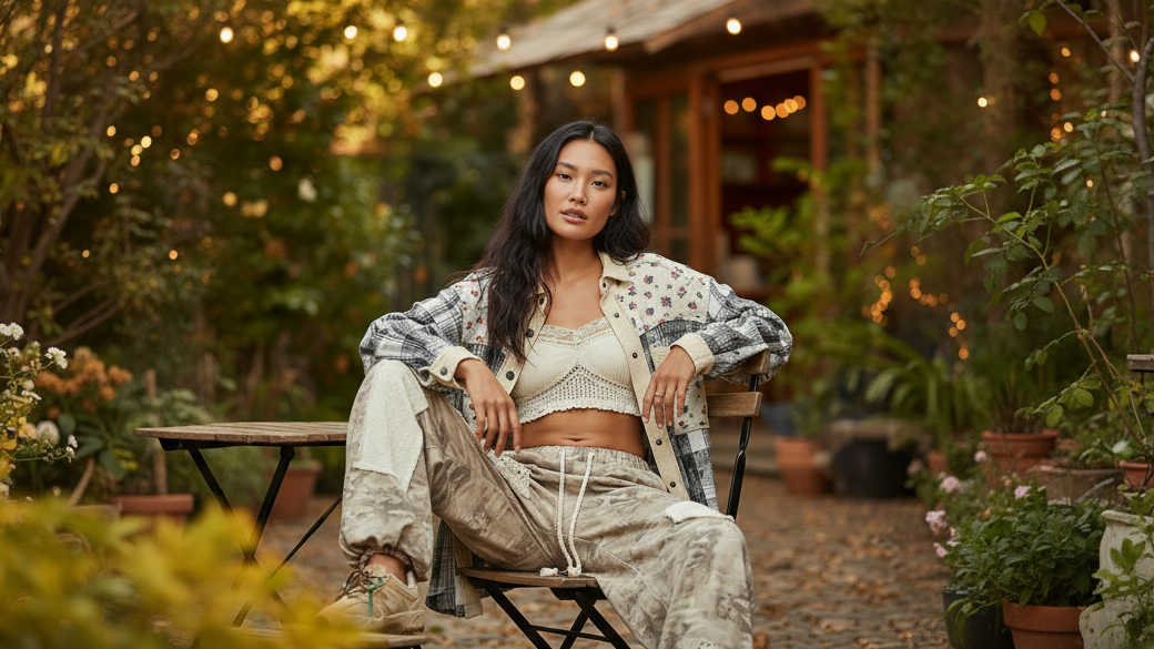 Women's POL Clothing Jackets — plaid floral patchwork shacket styled with crochet crop top and printed jogger pants outdoor boho setting — BellanBlue