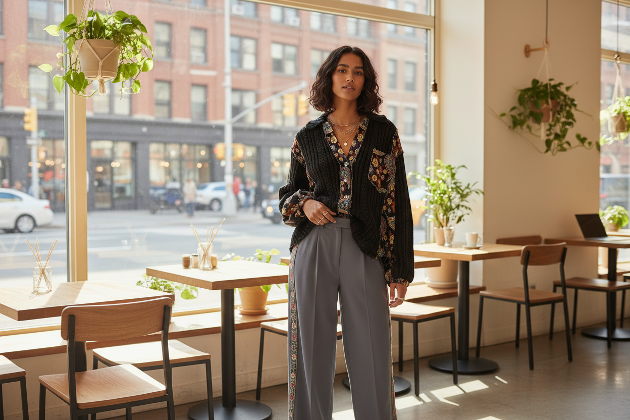 Women's POL Clothing Tops — black floral embroidered boho top styled with wide-leg pants in a modern café setting — BellanBlue