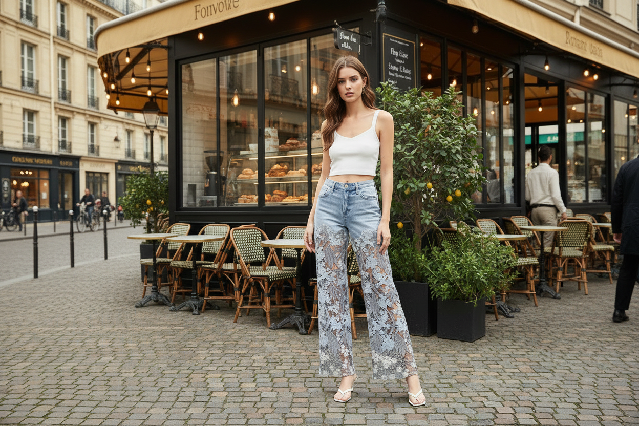 Woman wearing Risen floral lace wide-leg jeans in light wash styled with a white top at a cafe.