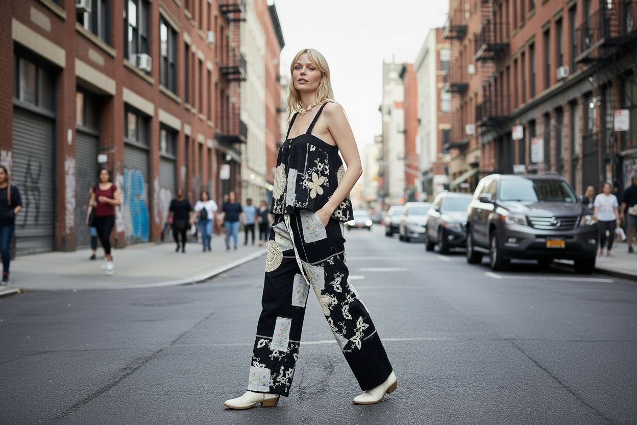 Woman in a stylish outfit walking on a city street.