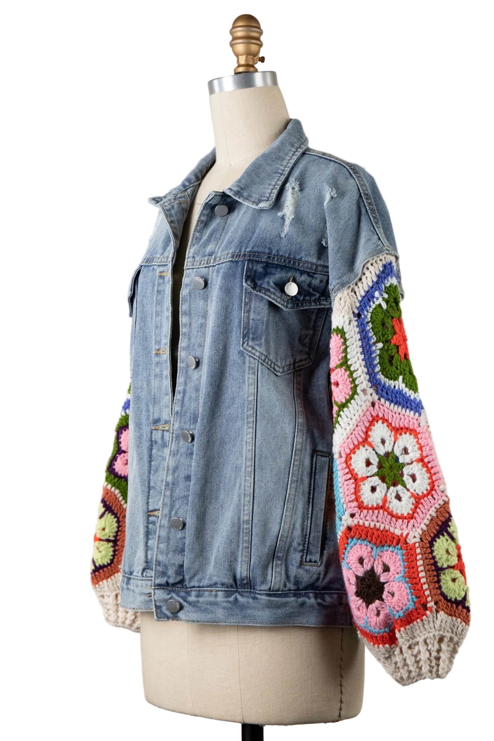 Women's crochet balloon sleeve denim jacket side profile showing full sleeve volume and ribbed knit cuff