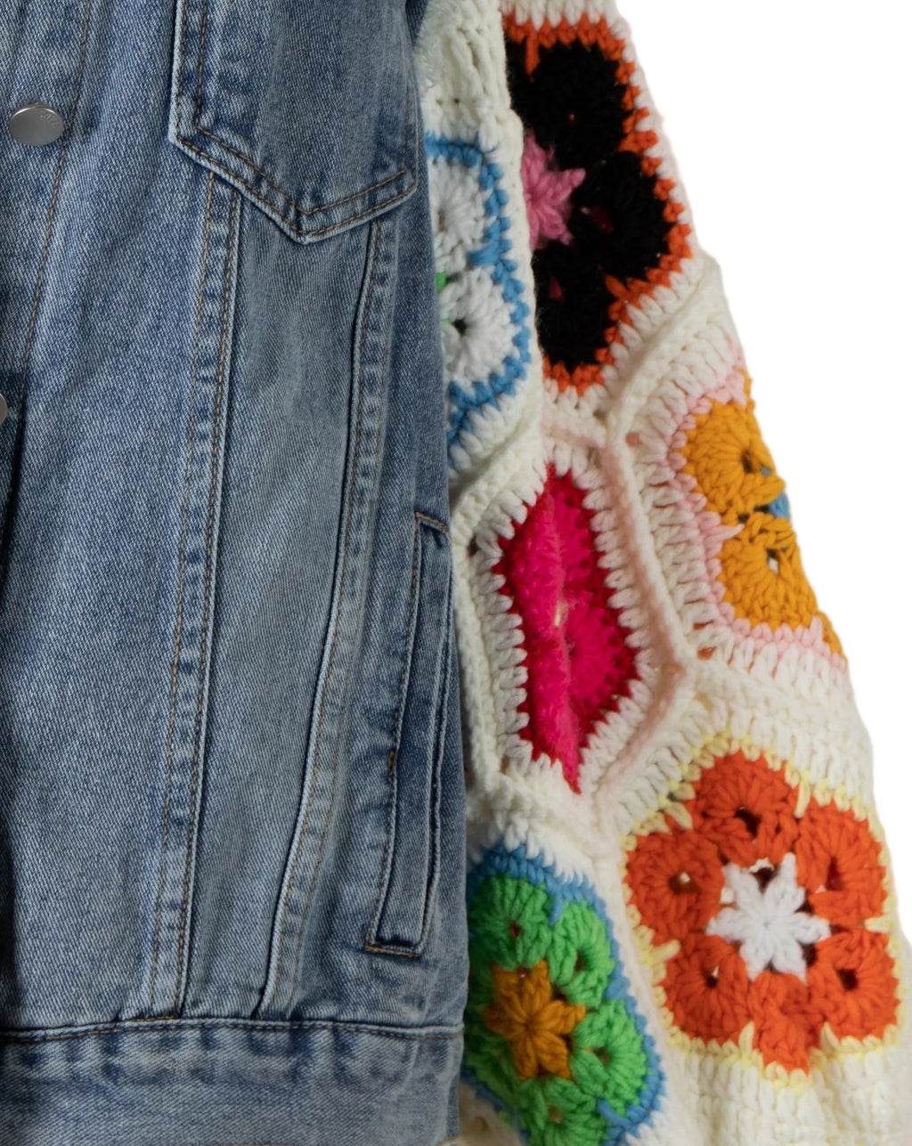 Close-up of a denim jacket next to a colorful crocheted blanket with hexagonal patterns.