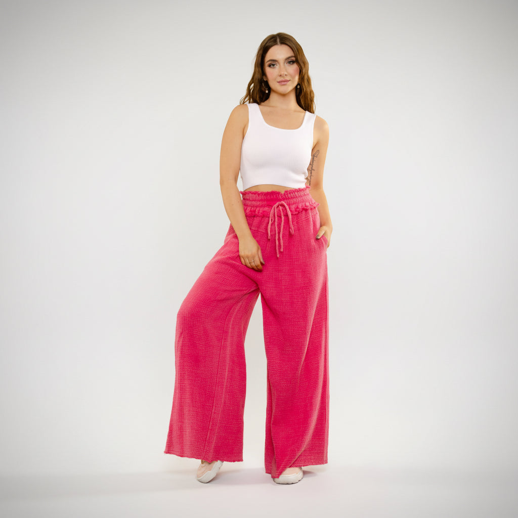 Bluevelvet wide leg pants in hot pink mineral wash, relaxed fit full-length view