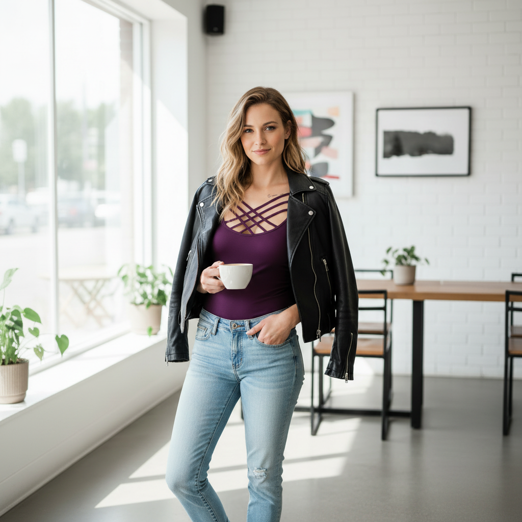 Woman holding a white cup in a modern indoor setting