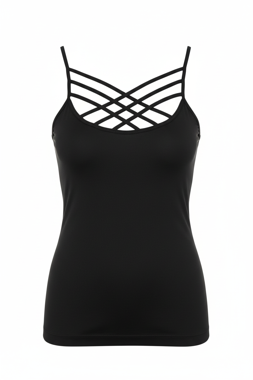 Zenana black seamless criss-cross cami tank, front view on white background
