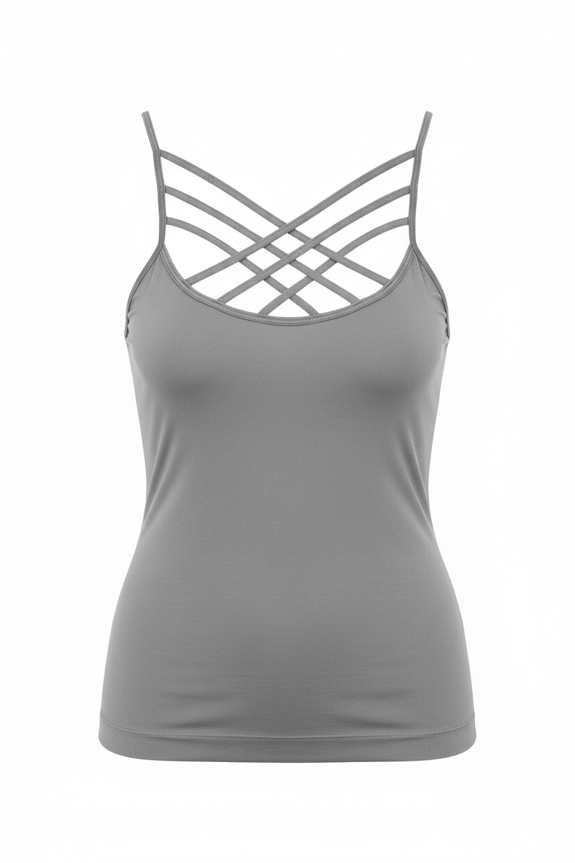 Zenana mid grey seamless criss-cross cami tank, front view on white background
