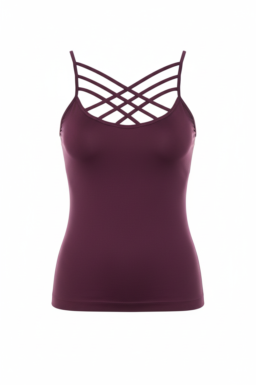 Zenana plum seamless criss-cross cami tank, front view on white background
