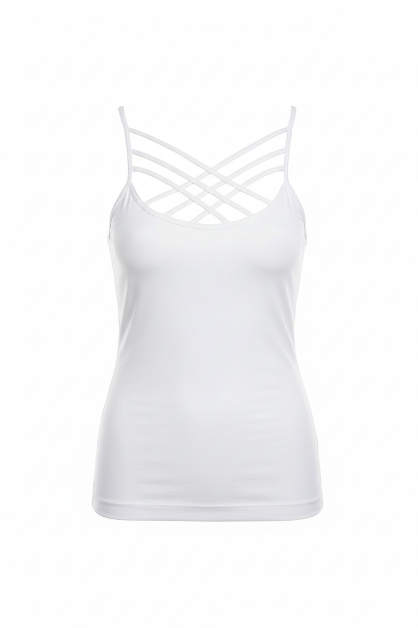Zenana white seamless criss-cross cami tank, front view on white background
