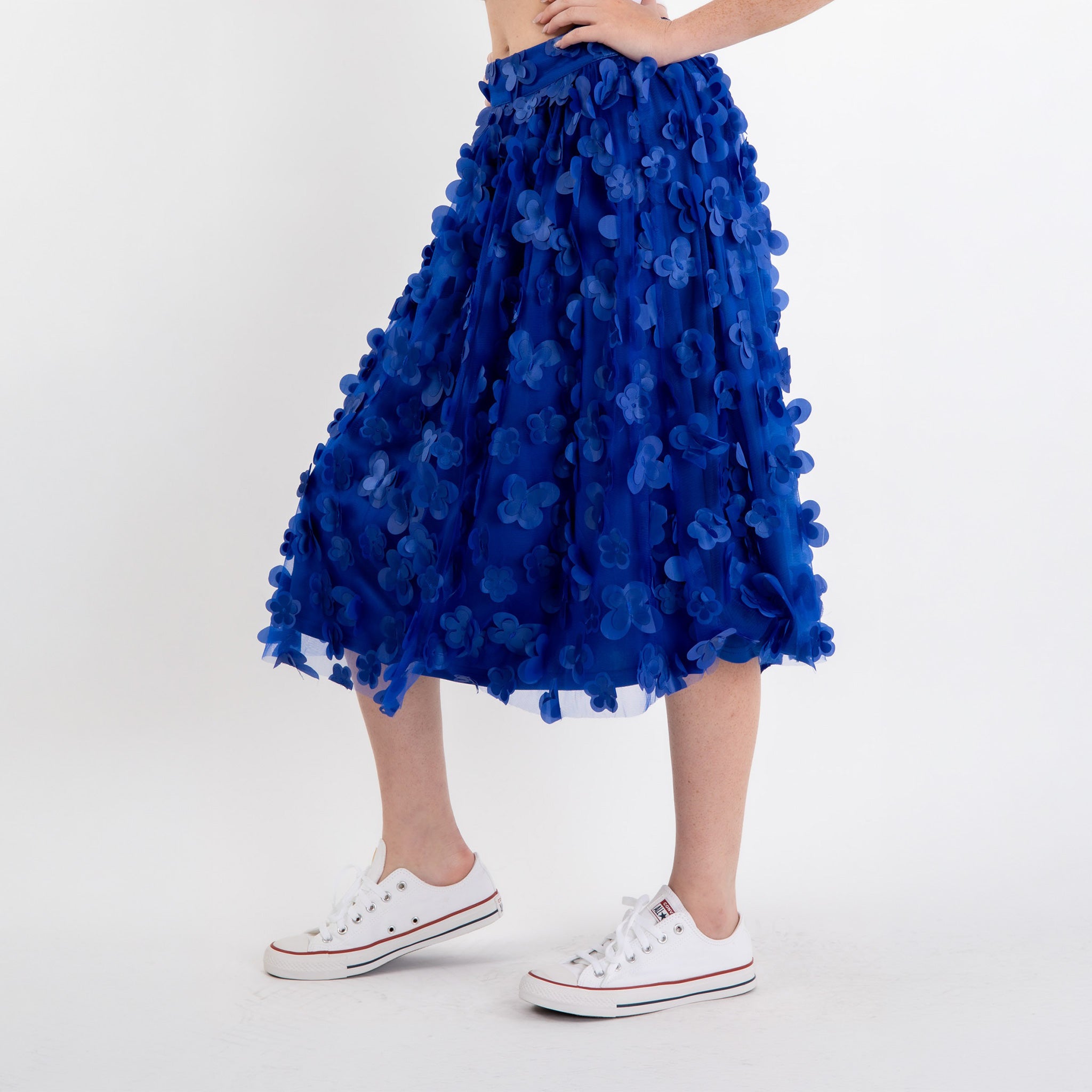 Women's royal blue floral appliqué mesh midi skirt back view floral embroidery detail A-line fit
